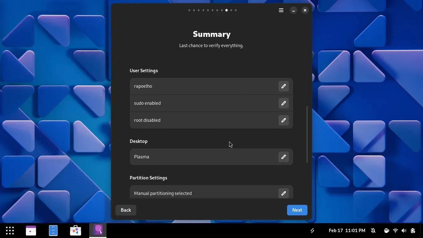 Segunda parte do Resumo de Pré-instalação, com as Configurações de Usuário e o Desktop escolhido Segunda parte do Resumo de Pré-instalação, com as Configurações de Usuário e o Desktop escolhido