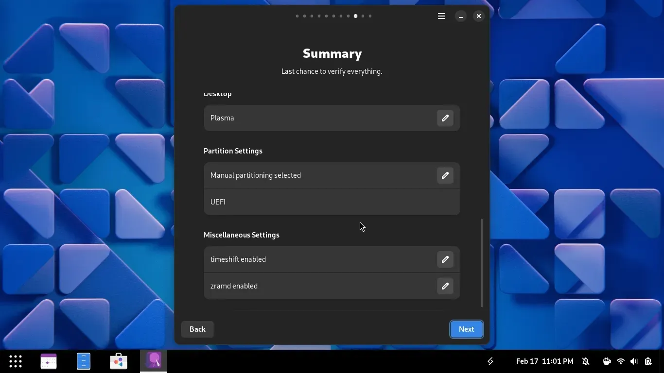 Terceira parte do Resumo de Pré-instalação, com as Configurações de Particionamento, zRAM e Timeshift Terceira parte do Resumo de Pré-instalação, com as Configurações de Particionamento, zRAM e Timeshift