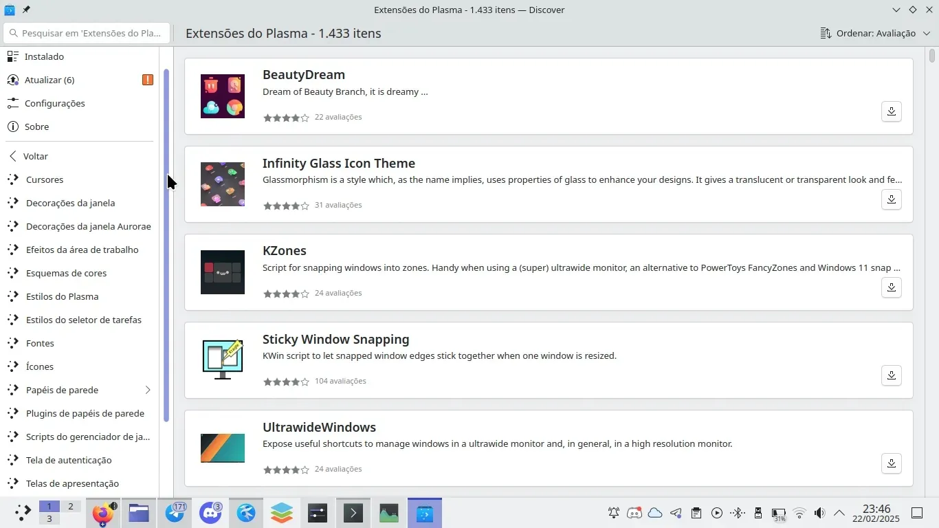 Extensões do Plasma podendo ser instaladas diretamente da Discover Extensões do Plasma podendo ser instaladas diretamente da Discover