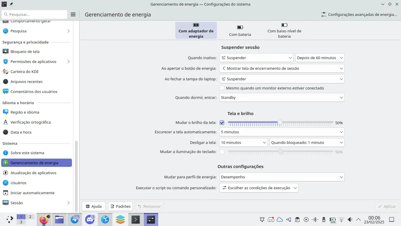 Configurações de Energia quando o Notebook está na Tomada Configurações de Energia quando o Notebook está na Tomada