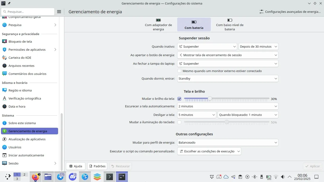 Configurações de Energia quando o Notebook está na Bateria Configurações de Energia quando o Notebook está na Bateria