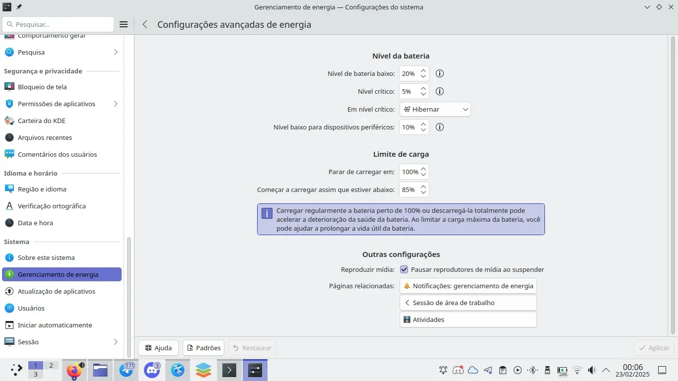 E como não pode deixar de ser, o Plasma oferece configurações avançadas para gerenciamento de energia E como não pode deixar de ser, o Plasma oferece configurações avançadas para gerenciamento de energia