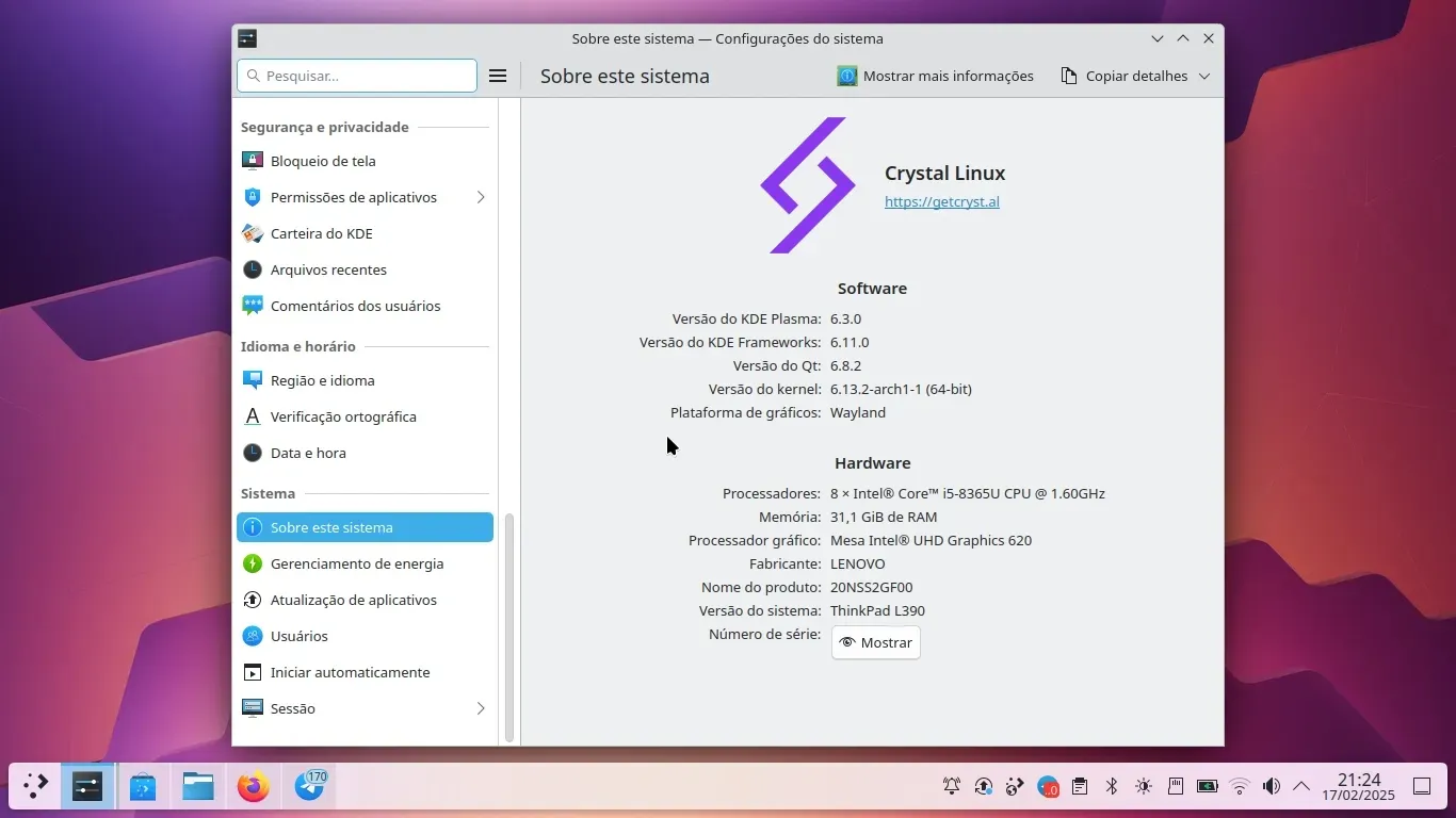 Crystal Linux instalado no meu Notebook Crystal Linux instalado no meu Notebook