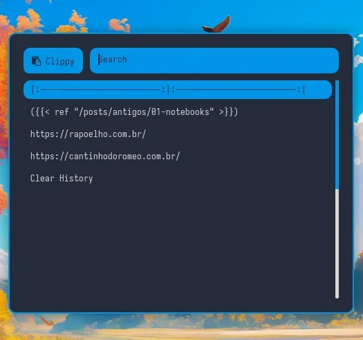 Acabei implementando algo que o Gnome não tem, que é um Gerenciador de Área de Transferência. Assim como as outras coisas do Nippybox, ele é simples e funcional Acabei implementando algo que o Gnome não tem, que é um Gerenciador de Área de Transferência. Assim como as outras coisas do Nippybox, ele é simples e funcional
