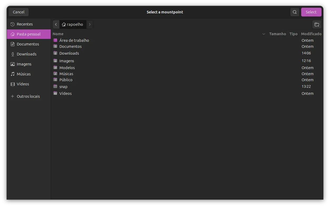 Selecionando o Ponto de Montagem onde o Onedrive será acessado Selecionando o Ponto de Montagem onde o Onedrive será acessado