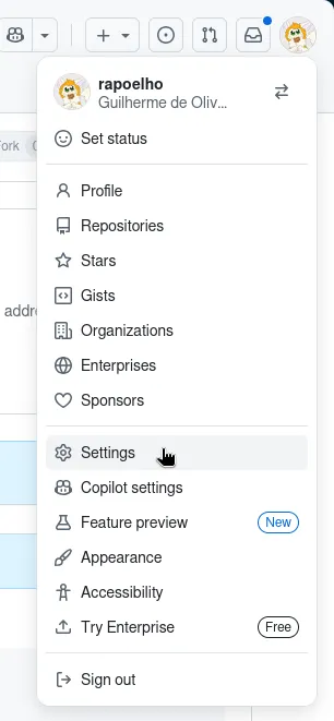 Acessando as configurações no Github Acessando as configurações no Github