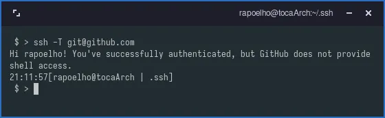 Login feito com sucesso via SSH. Isso significa que a Chave SSH foi adicionada corretamente Login feito com sucesso via SSH. Isso significa que a Chave SSH foi adicionada corretamente