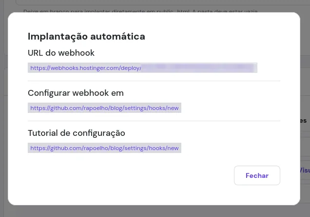 Esse é o webhook que será usado para fazer com que o Github avise que teve alteração para a Hostinger Esse é o webhook que será usado para fazer com que o Github avise que teve alteração para a Hostinger