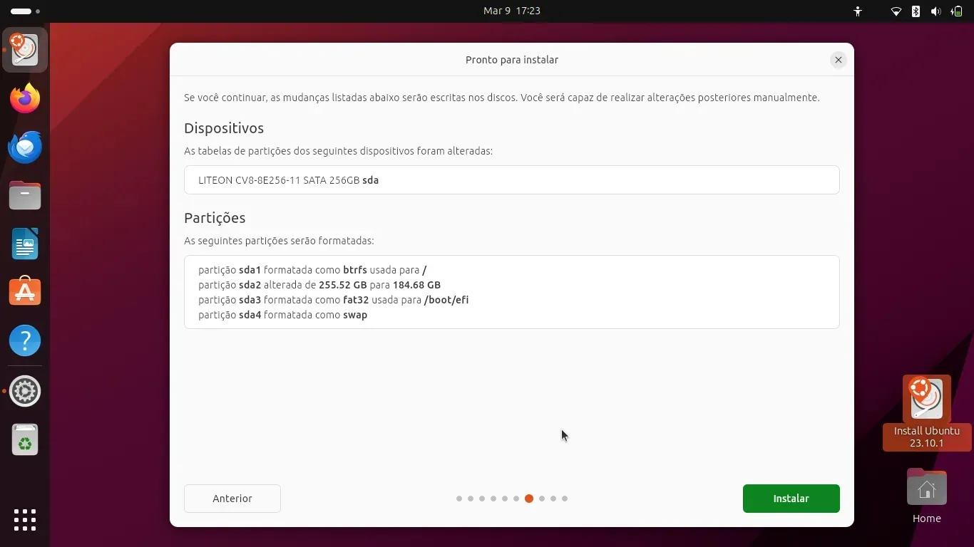 Tudo certo para começar a instalar o Ubuntu 23.10 nessas partições Tudo certo para começar a instalar o Ubuntu 23.10 nessas partições