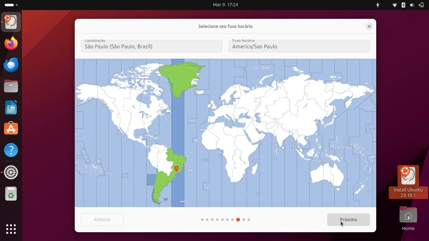 Indo para as configurações finais, começando pelo Fuso Horário Indo para as configurações finais, começando pelo Fuso Horário