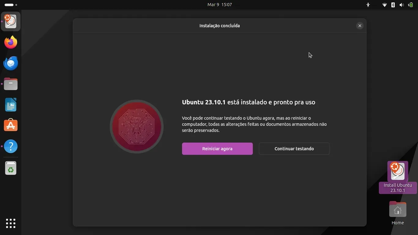 E assim, terminou a instalação do Ubuntu 23.10 Instalação terminada!
