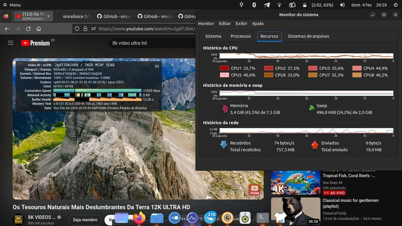 Consumo de CPU em Vídeos 4K. Nada mal.